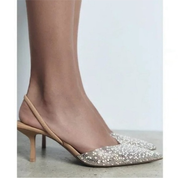 Zara Clear PVC Pearl & Rhinestone embellished Pointed Toe Slingback heels - Picture 6 of 7